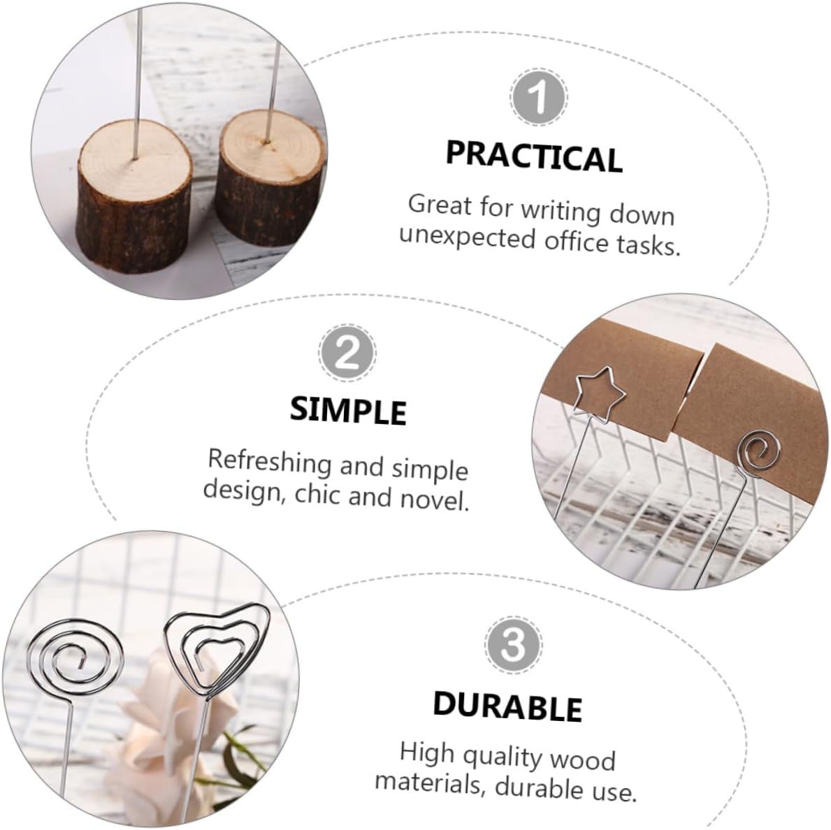 60Pcs Clips Photo Holder Stands Rustic Round Wood Base Menu Clips for Weddings Table Cards Memo Display for Events and Parties