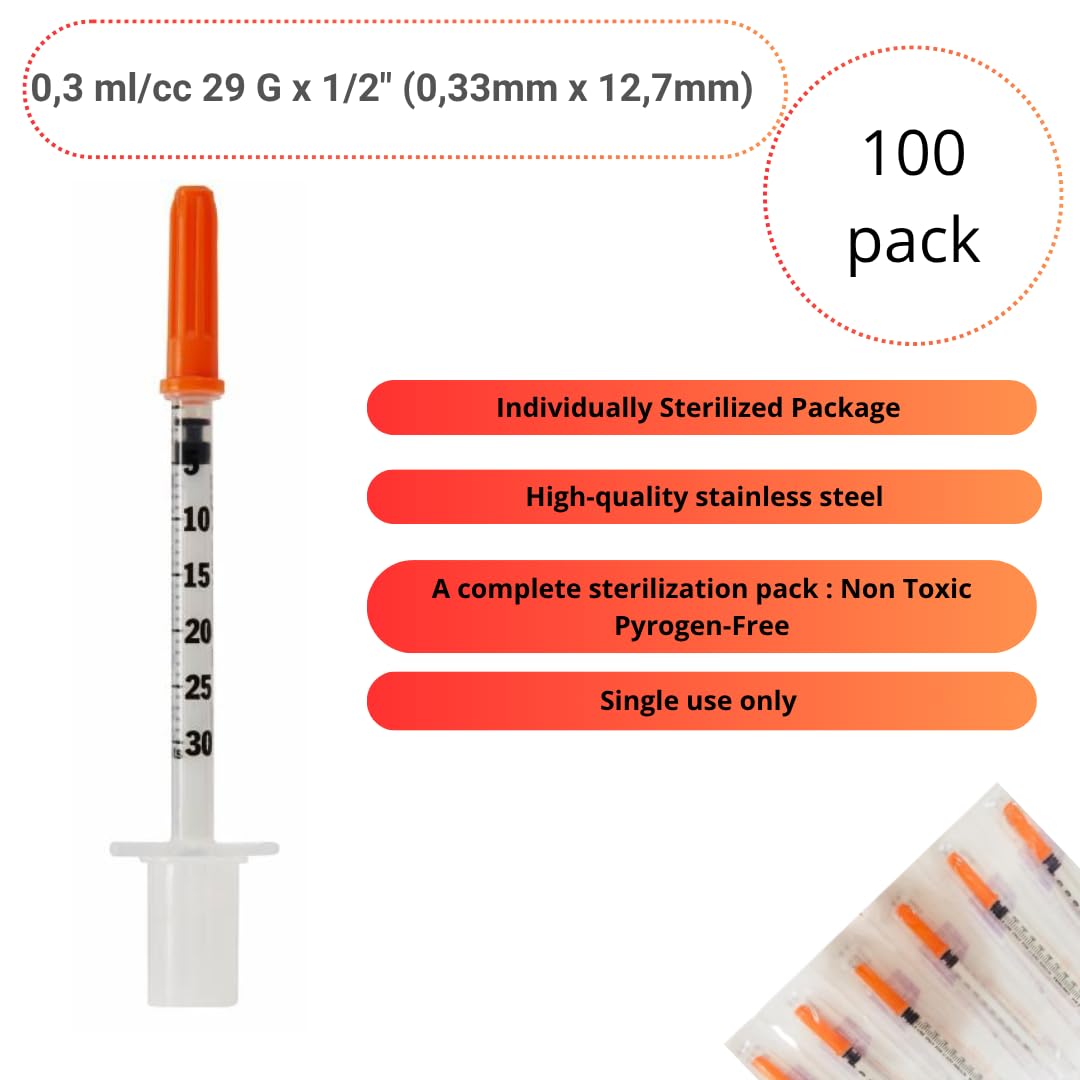 Confezione da 100 tubi in plastica da 0,3 ml/cc 29G 1/2 pollice (12,7 mm), strumenti multiuso per misurazione e dosaggio, confezionati singolarmente