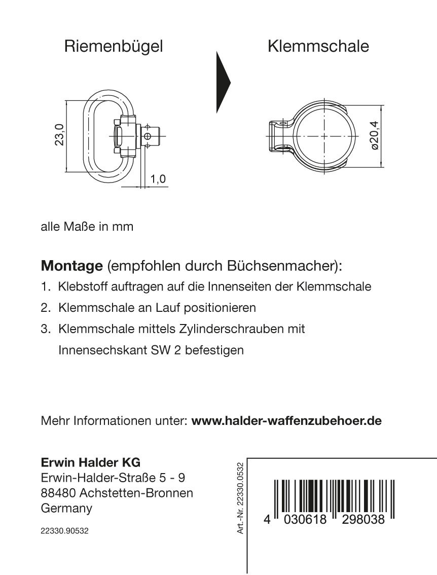 PUSH & GO Riemenbügel mit Klemmschale für Flinten SLIM 6,0x1,0 für 23 mm Riemenbreite