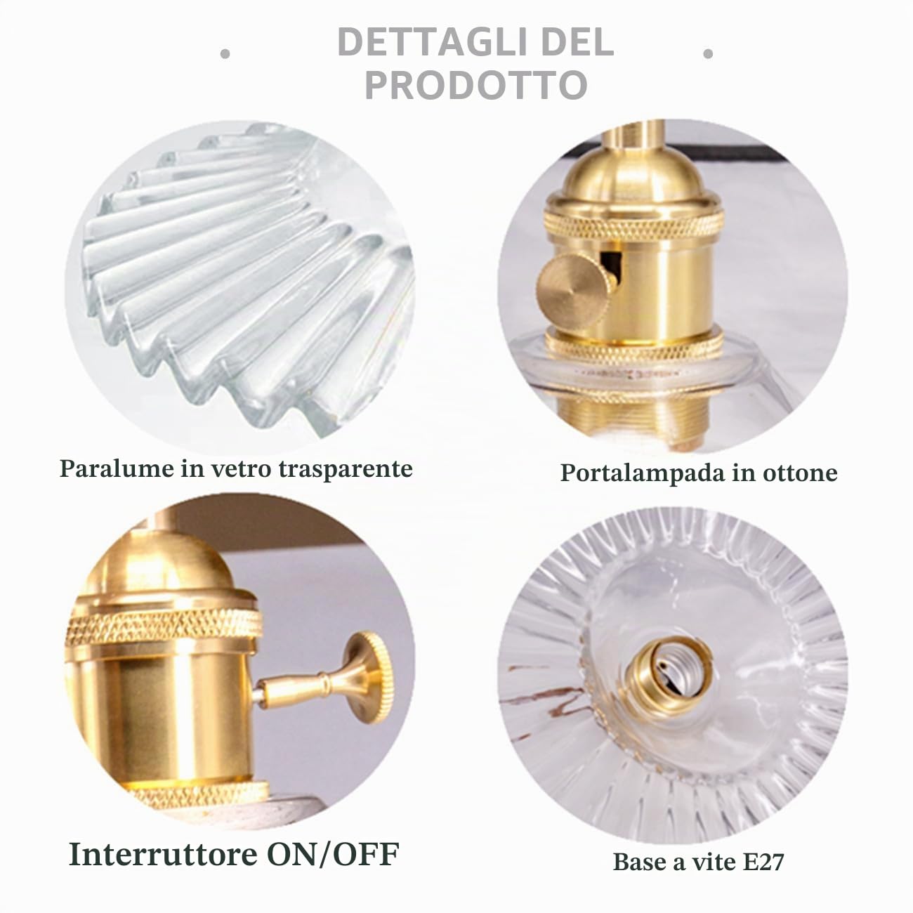 Chrasy Applique da Parete Orientabile in Vetro Trasparente Ottone E27 | Portalampada con Interruttore, Fascio Verso Alto e Basso, Angolo Regolabile a 180 Gradi, per Cucina Camera Bar Studio e Sala