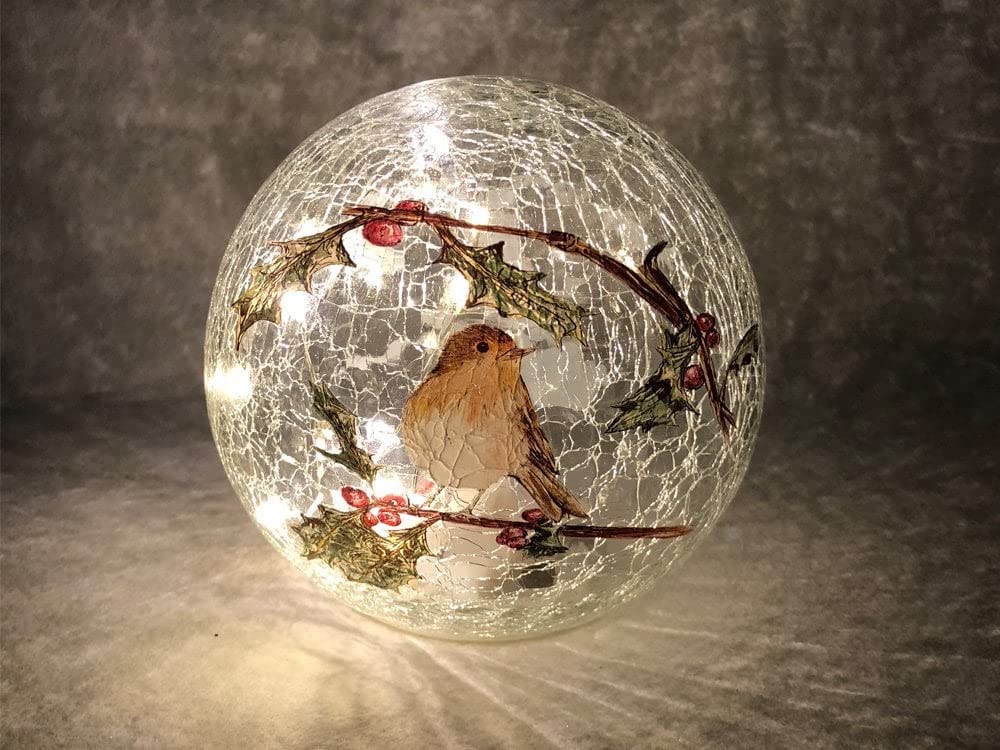 Festive Productions White Robin Crackle Ball - 15Cm Diameter