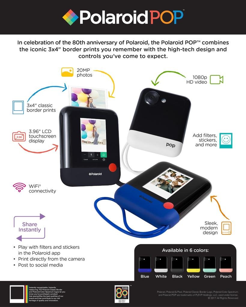 Polaroid Pop Wireless Portable Instant 3x4 Photo Printer And