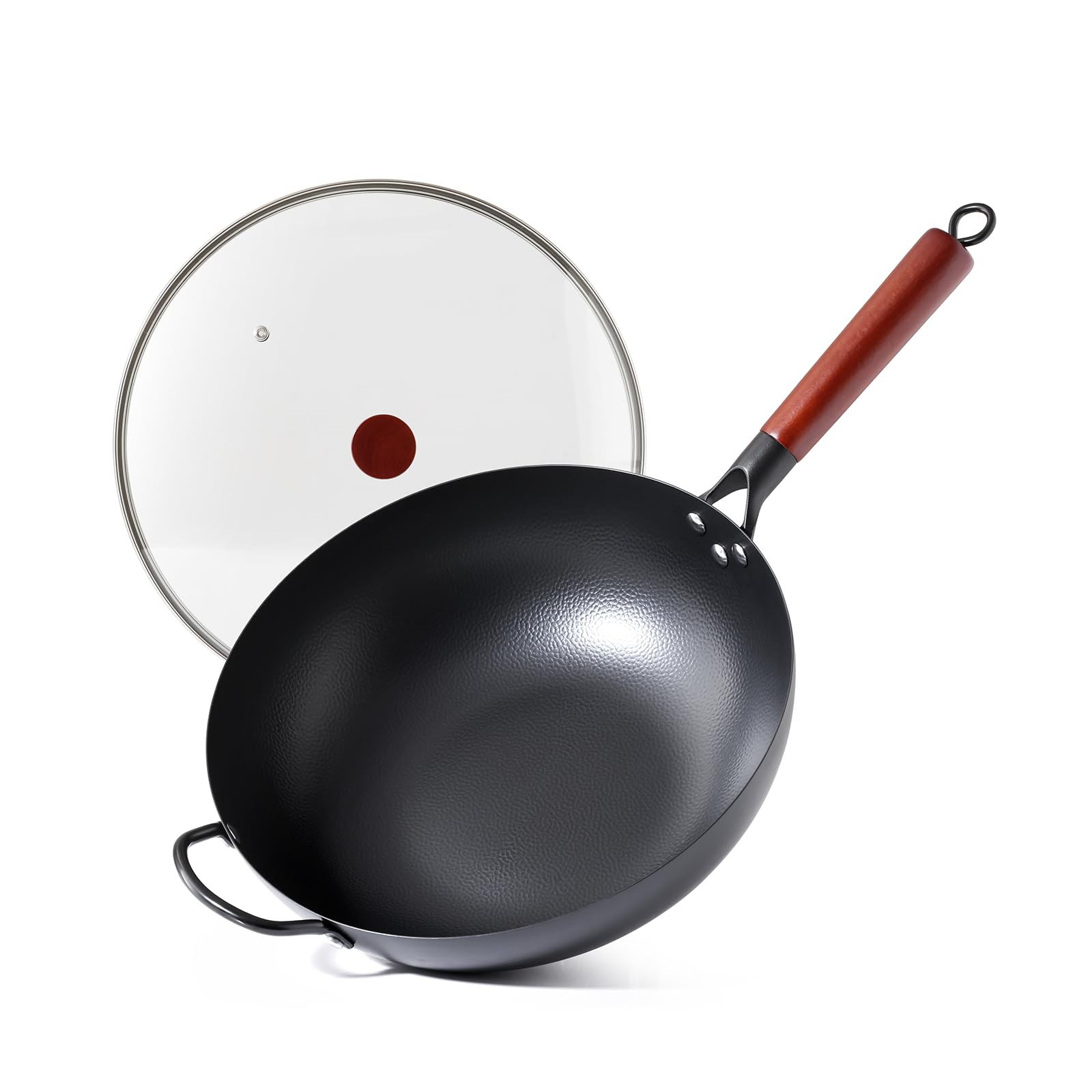 Kordisen Wok de Acero al Carbono 32cm con Tapa, Mango de Madera, Fondo Plano para Inducción y Gas, Antiadherente Natural, Gran Capacidad para 3-6 Personnes, Sartenes para Saltear Estilo Asiático | 17 cm Flachboden für Induktion, Gas, Elektro und Glaskeram