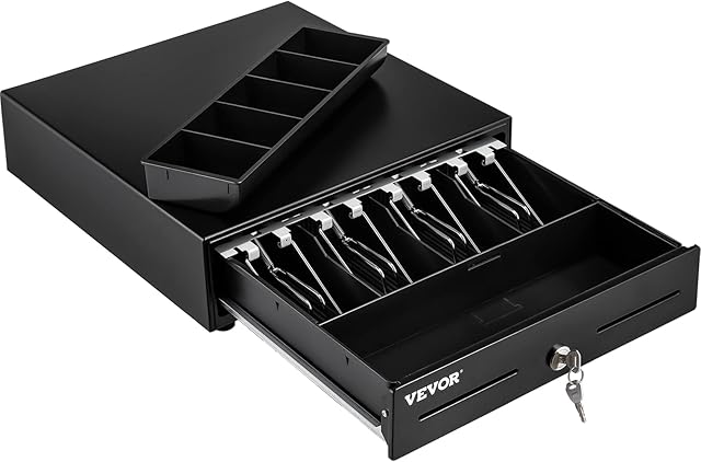 VEVOR Cash Register Drawer, 13" 2 Unlocking Ways, Fully Removable Design with 4 Bill 5 Coin Cash Tray, 2 Keys Included, Compact Size Cash Registers for Supermarket, Bar, Coffee Shop, Restaurant