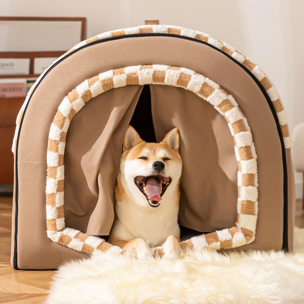 Kuschelhöhle Hundehöhle Katzenversteck mit Vorhängen, Hundehütte Indoor, Hundehaus für Drinnen mit Tragegriff, Waschbare Polsterung für kleine Hunde und Katzen,50x40x35cm