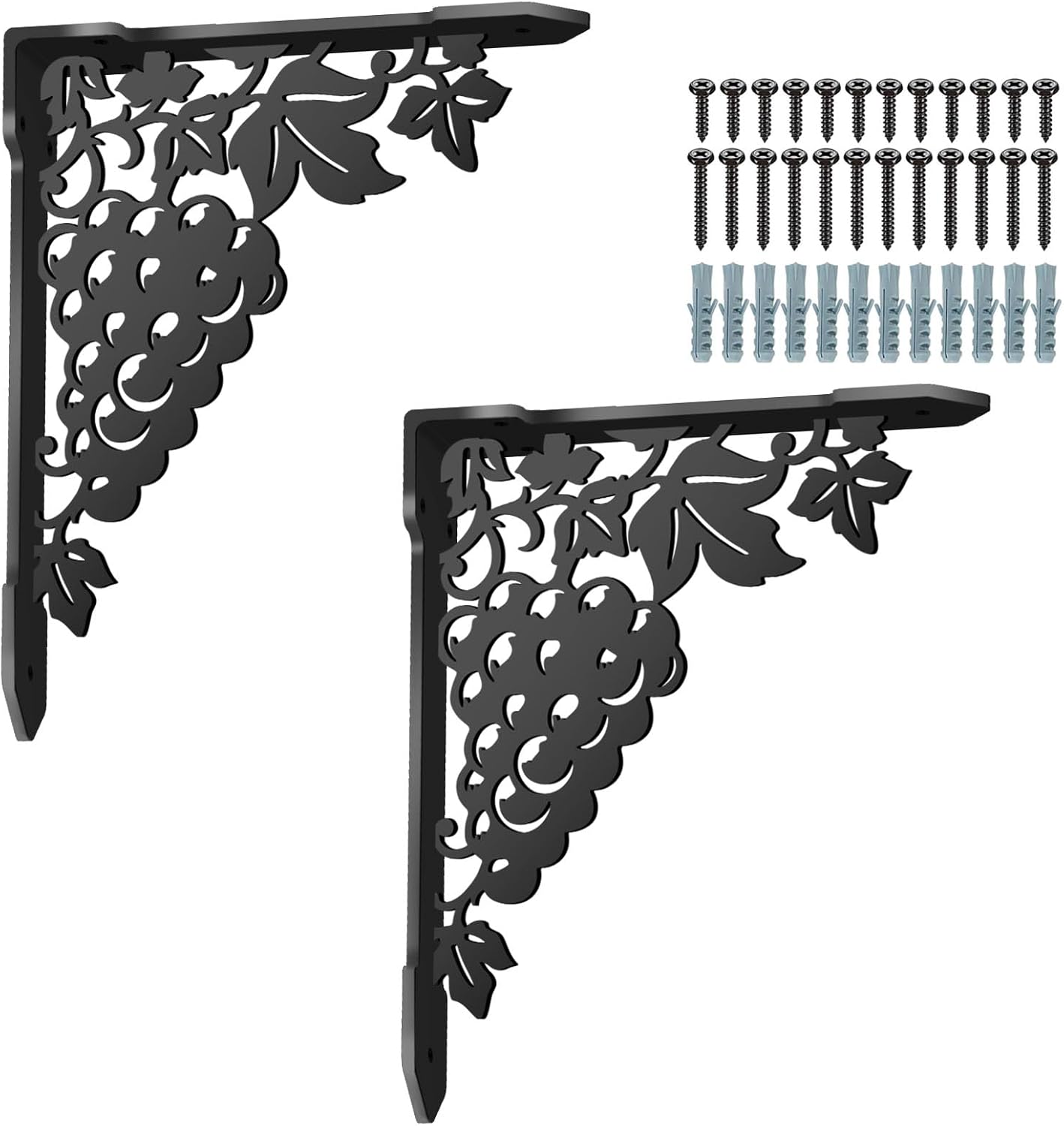 SUPERDANT 2Pcs Grape Shelf Brackets 8.3x6.7in Cast Iron Decorative Metal Shelf Support 120lb Load Black Grape Design Wall Mount for Kitchen Balcony Office Bookshelf Black