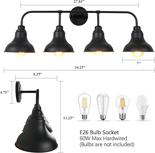 Miniatura 4 de BD017-4-BK BD017-4-BK - Lámpara de tocador grande de 34.25 pulgadas, 4 luces de tocador sobre el espejo, accesorios de iluminación de baño negros