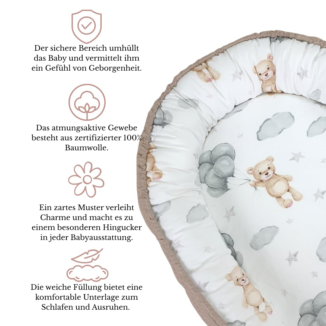 WIKLINOPOL Babynest Nestchen für Neugeborene aus Baumwolle und Waffelbaumwolle – Baby Nestchen 80x46 cm, Tragbares Nest mit Herausnehmbarer Matratze,(Beige)