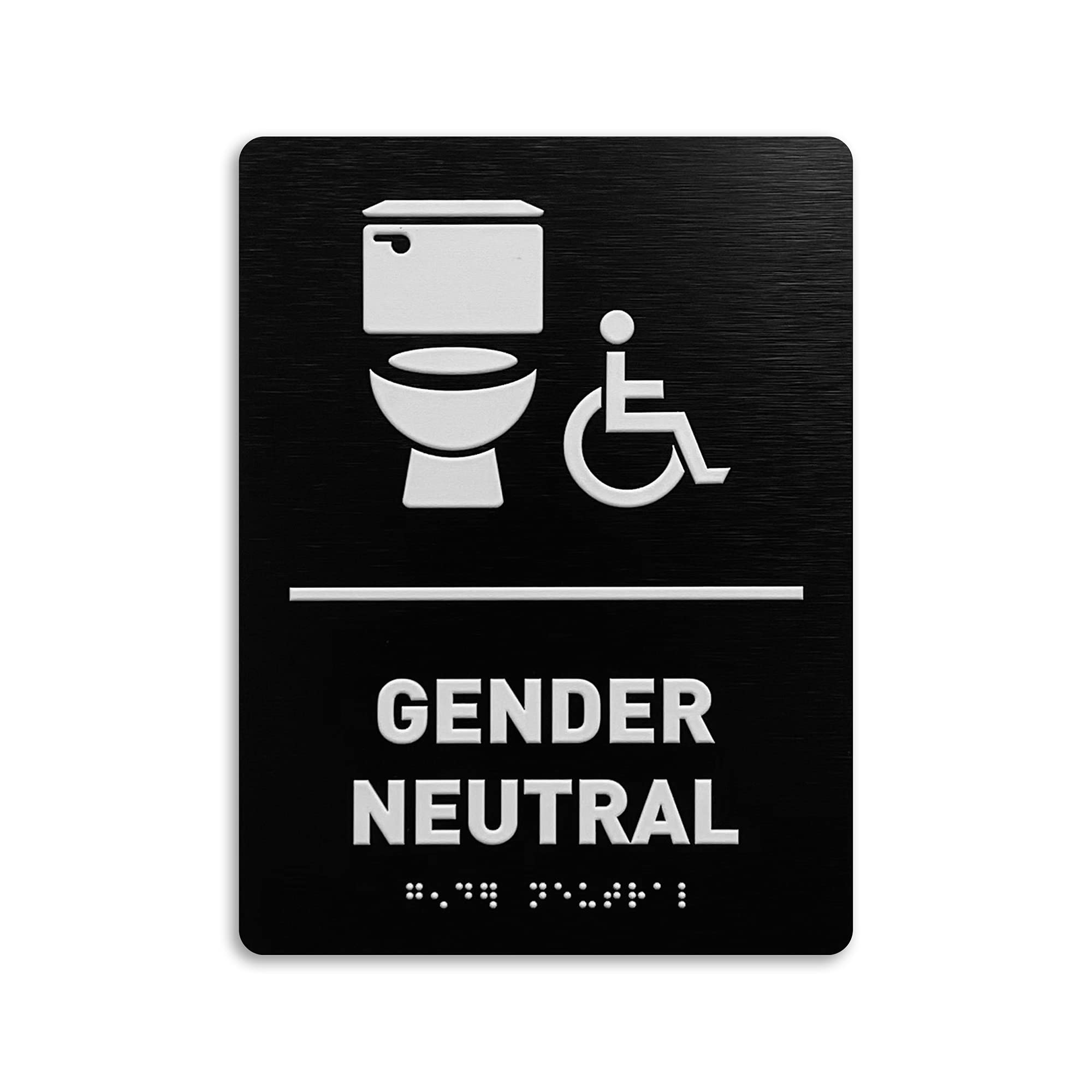 Gender Neutral Restroom ID Sign - Toilet Icon, Wheelchair Accessible, ADA Compliant Bathroom Sign, Raised Icons, Raised Braille, Brushed Black, TCO Inspection Certified, Install Ready (6"W x 8"H)