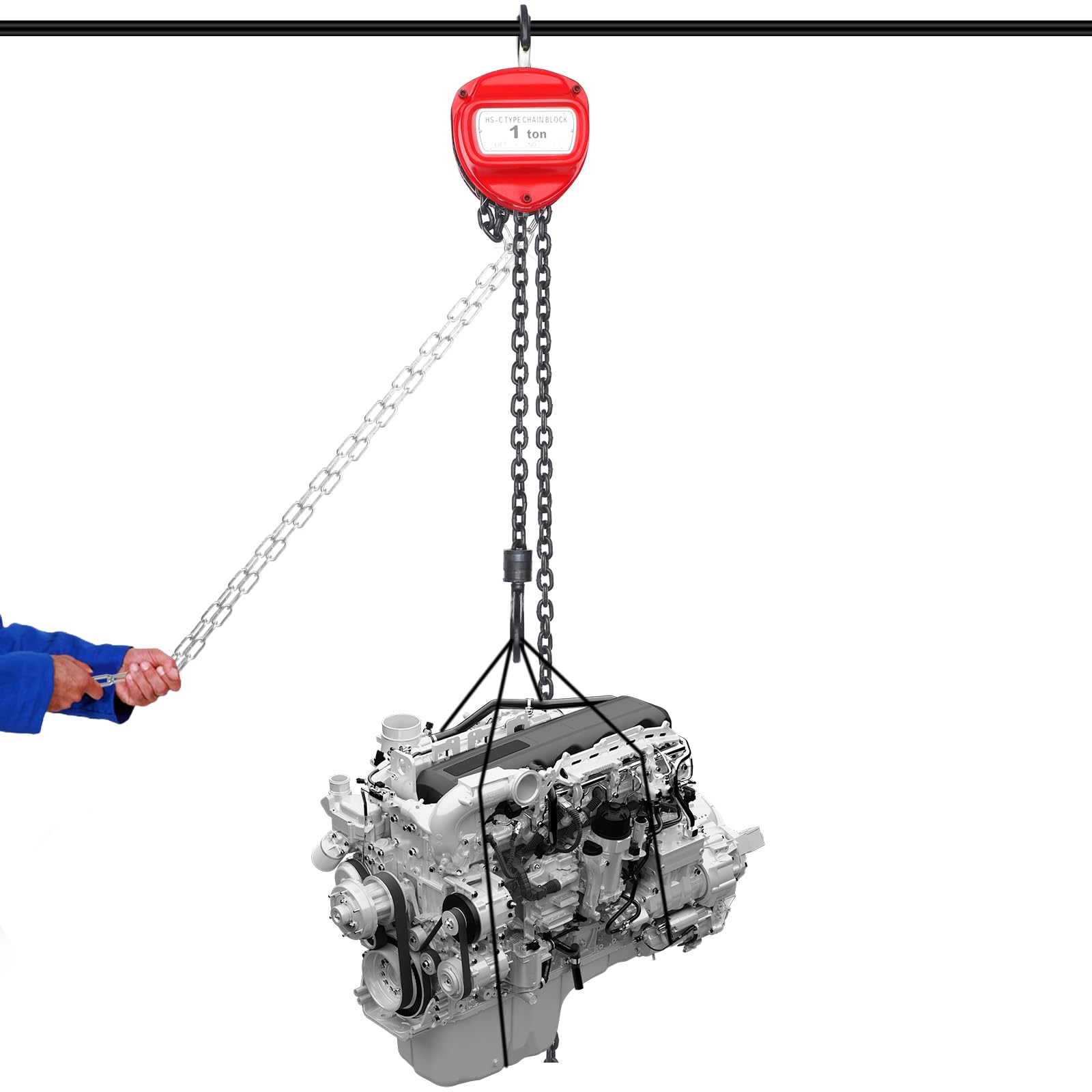 Paranco a catena da 1 T, con gancio girevole a 360°, altezza di sollevamento 6 m, con catena G80, sollevamento manuale, fino a 1000 kg, portatile, per cantieri, garage o officina (rosso)
