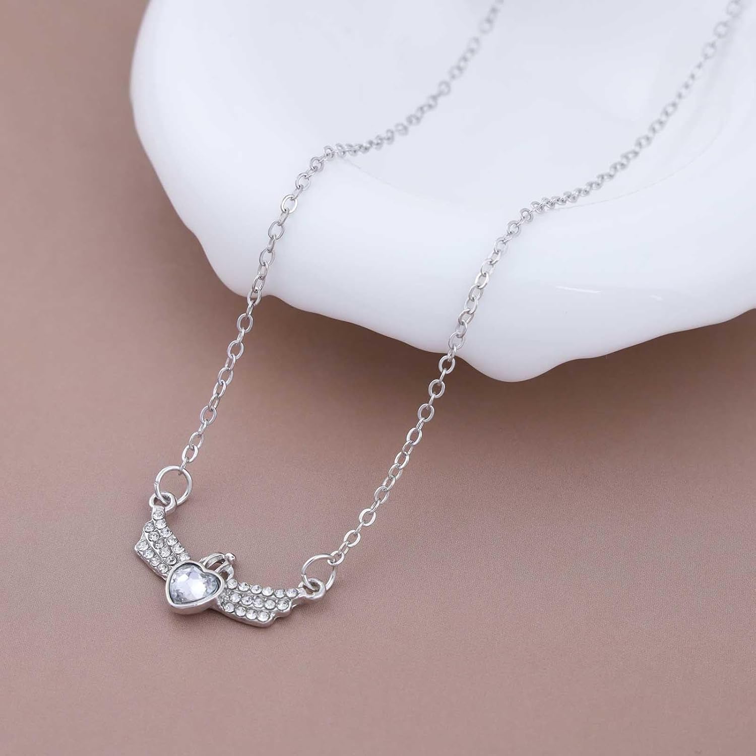Bohemian Crystal Heart Choker Necklace Silver Wing Heart Pendant Necklace Cz Paved Angle Wing Collar Necklace Minimalist Rhinestone Heart Necklace Jewelry for Women Gifts - Image 3