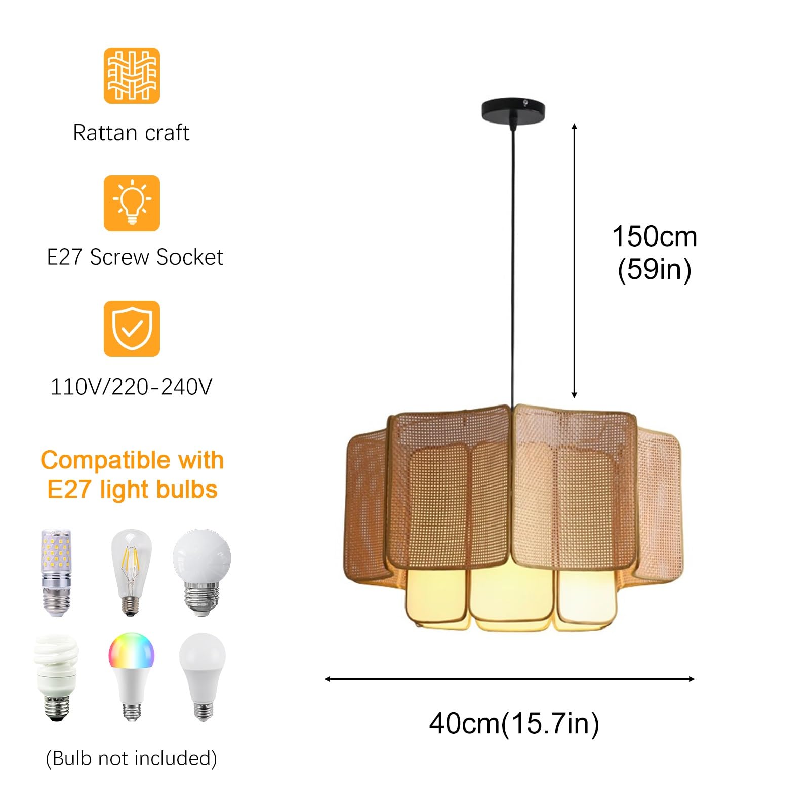 Lámpara colgante de ratán de 15,7 pulgadas | Lámpara colgante de techo de estilo rústico de tejido natural con casquillo E27