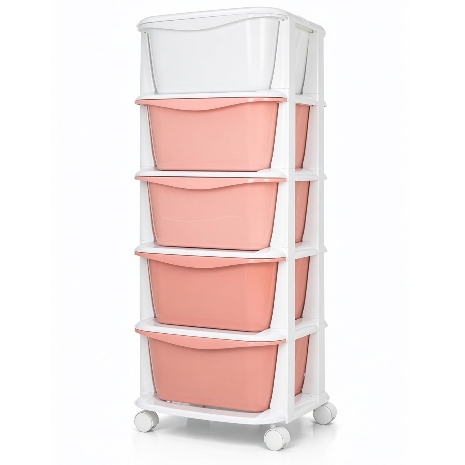 SUNNYNEST Kids Storage Unit with 5 Drawers, Plastic Vertical Drawer Organizer, 5-Tier Slim Storage Chest with Wheels, Space-Saving Toy & Clothes Organizer for Nursery, Playroom (36×36×89cm)