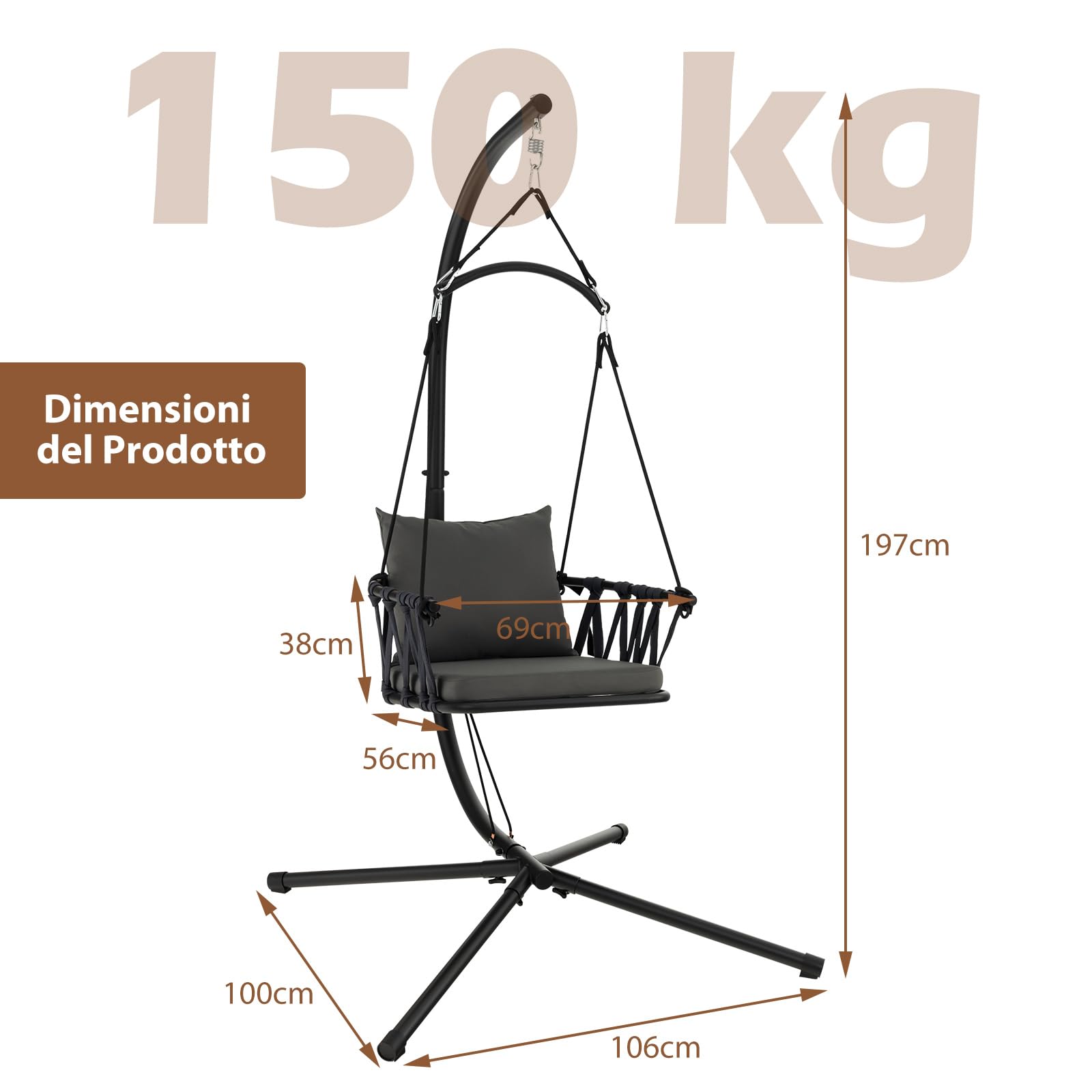 COSTWAY Sedia Sospesa Pieghevole con Supporto, Poltrona Sospesa Corda con Cuscini per Seduta e Schienale, Telaio in Metallo, Sedia Amaca per Interno, Esterno, Balcone e Giardino, Portata 150 kg