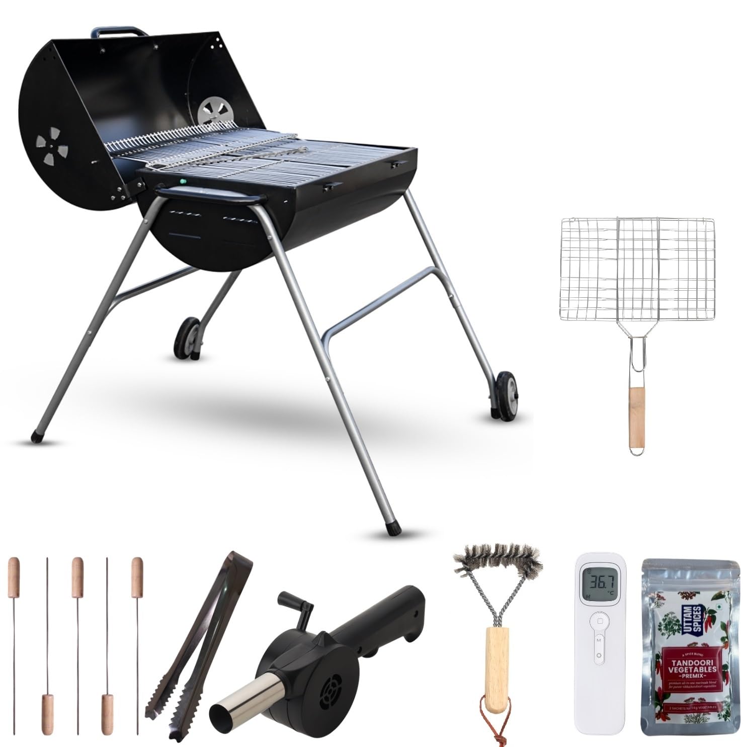 Peng Essentials WheelGrill Drum Barbeque Grill with Accessories for home | Large Cooking Area, Additional Warming Rack | Barrel style, Charcoal Griller BBQ With Set of 10 Premium Accessories (B0BXXYW13P) Amazon Price History, Amazon Price Tracker