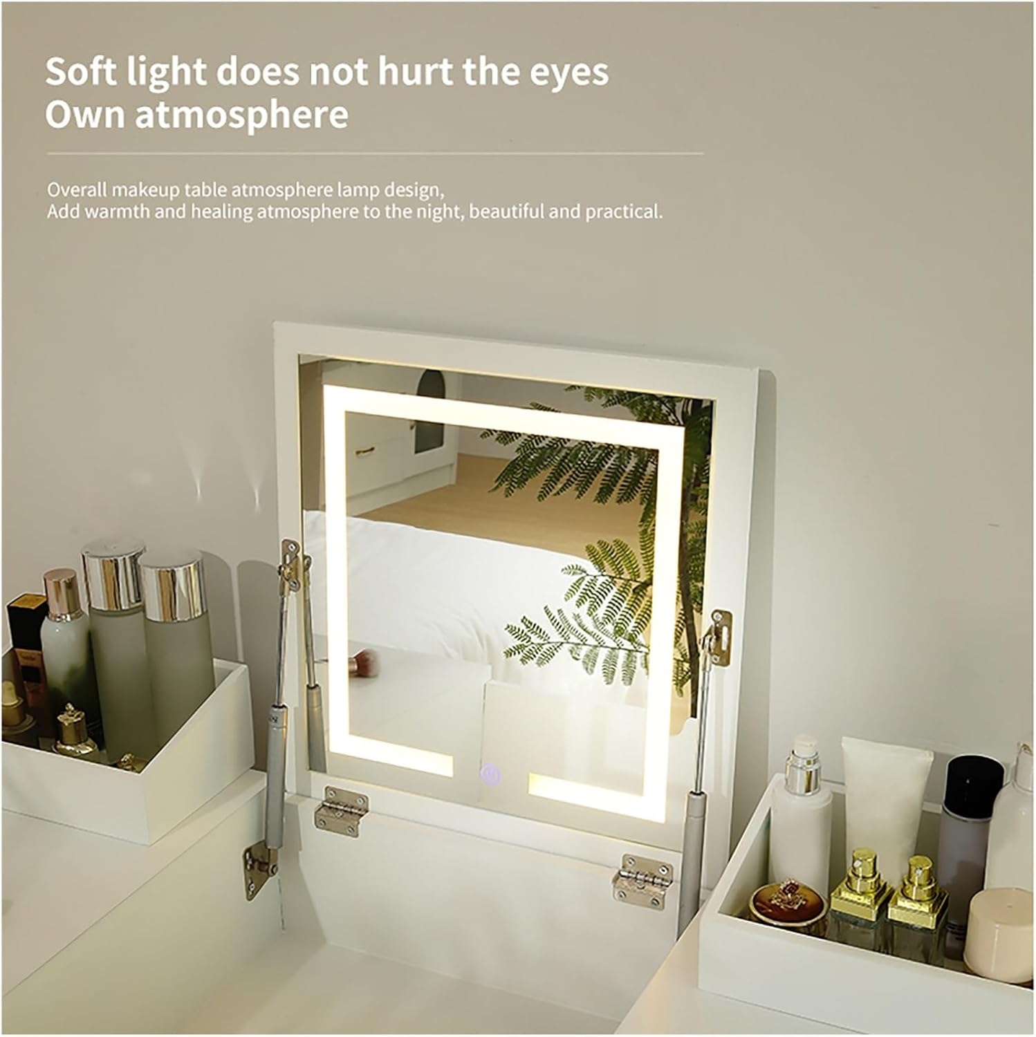 Vanity Desk Set with LED Lighted Mirror & Power Outlet, Flip Top Makeup Vanity Table with Drawers & Cabinet