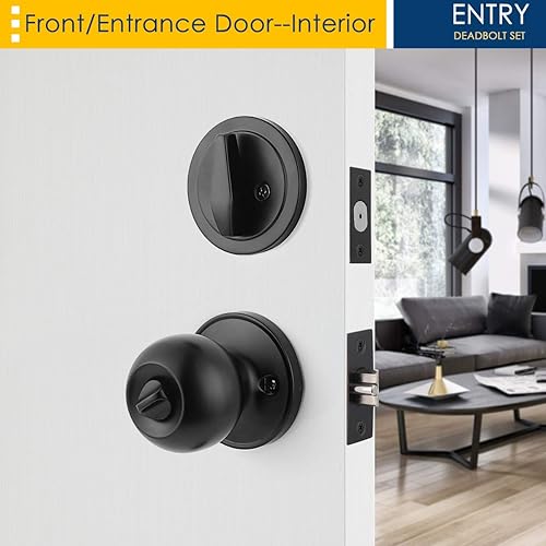 Miniatura 4 de Brotima Juego de 2 cerraduras para puerta de entrada y cerrojo de un solo cilindro en acabado negro mate, cerradura de perilla exterior con llave