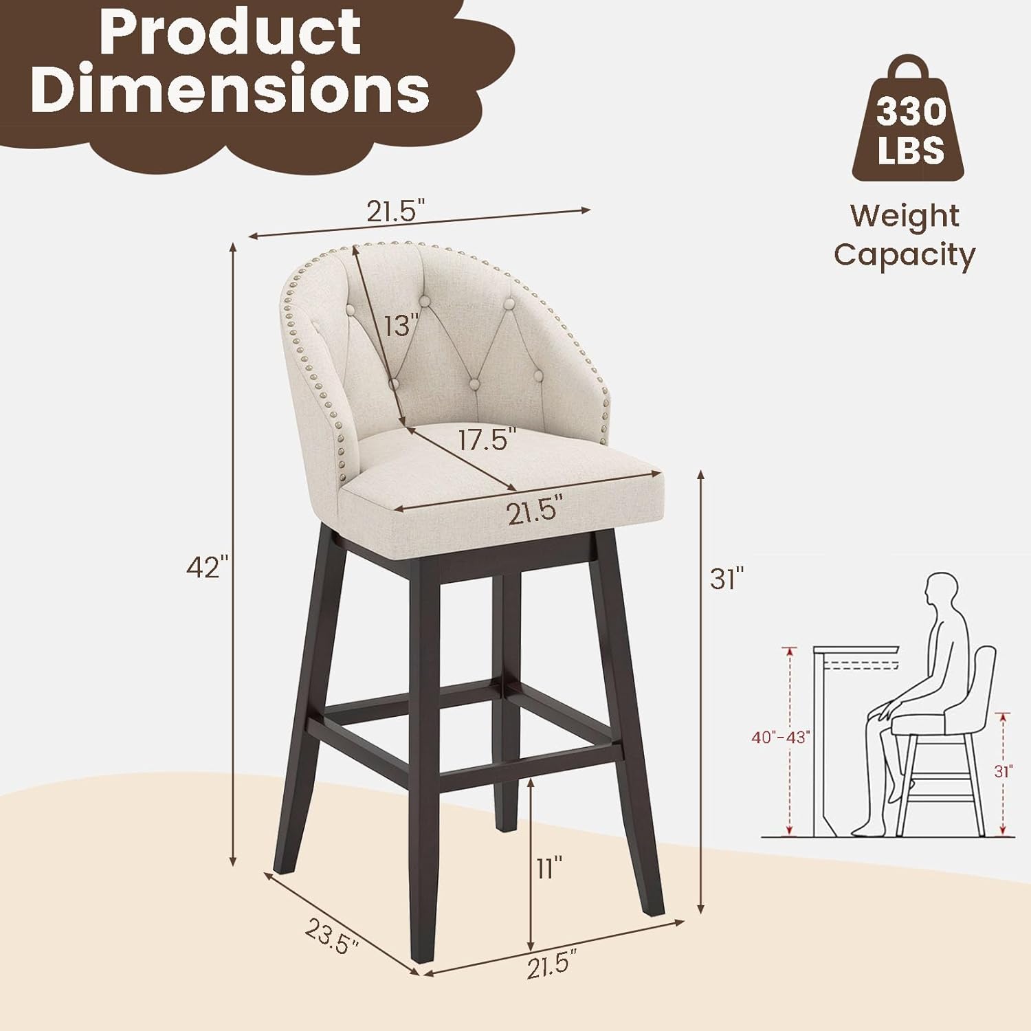 NAFORT Swivel Bar Stools Set of 2, Upholstered Bar Stool Set w/Back, Rubber Wood Legs and Linen Surface Seat, Modern Bar Chairs with Stylish Tufted Design & Rivet Decoration for Living Room & Kitchen