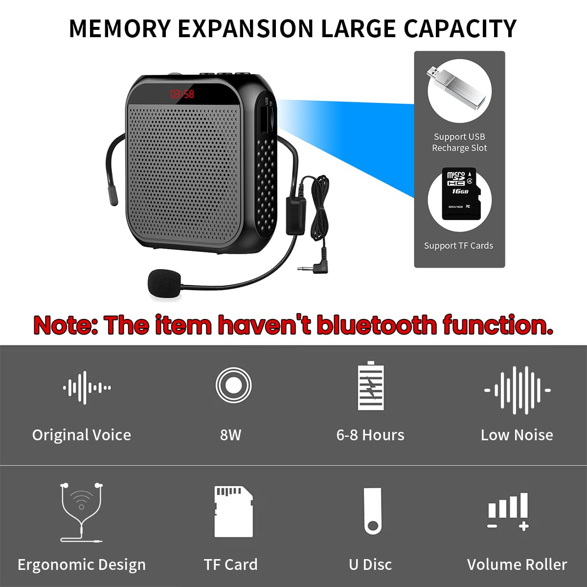 ZORBES® Voice Amplifier for Teachers - Microphone Headset Set 2200 mAh, with Headset Microphone Support TF Card/U Flash Disk, Portable Voice Amplifier for Teachers, Tour Guide, Coach, Speaker (Black) - Image 3 thumbnail