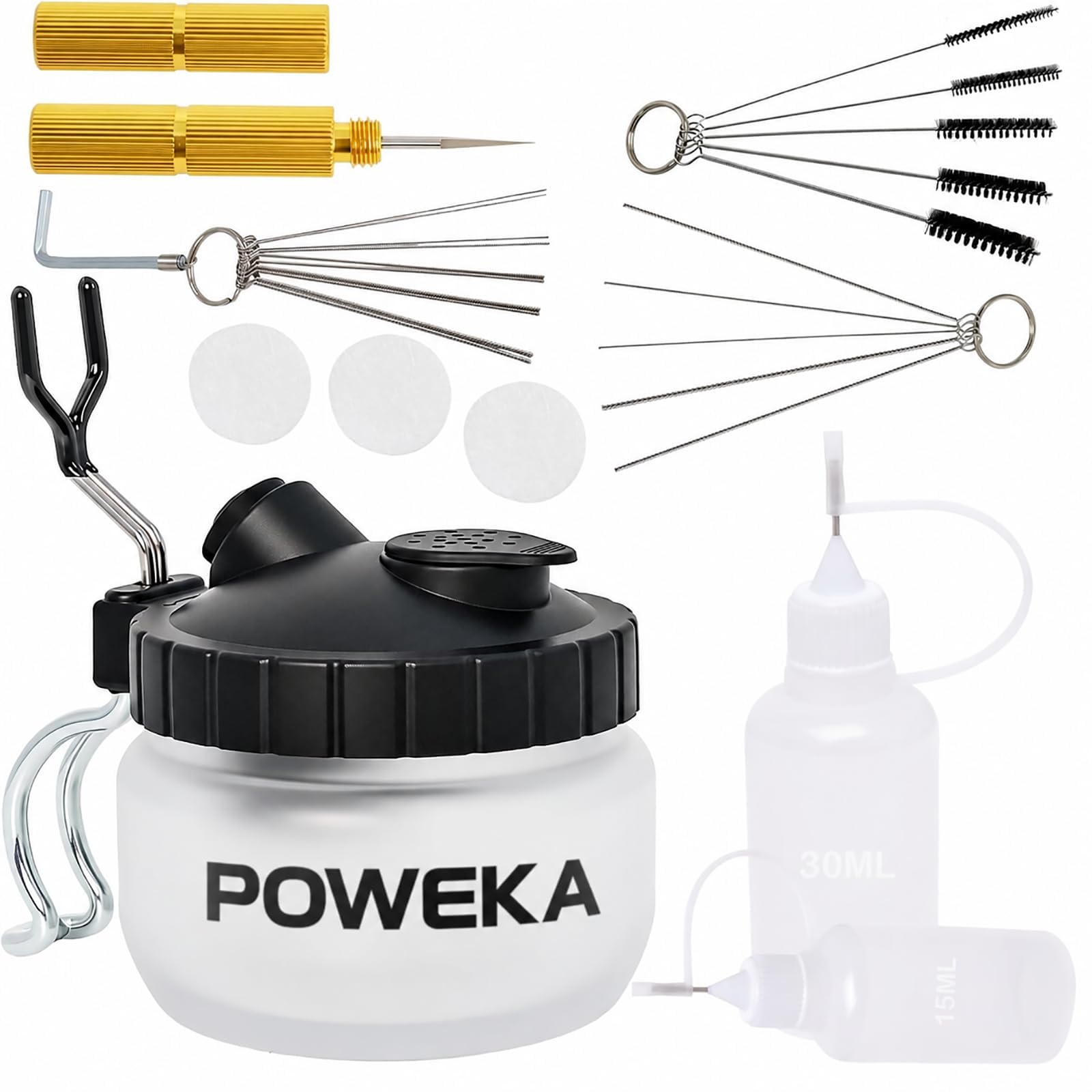 Kit de Nettoyage aérographe avec Pot, Ensemble Complet avec brosses, Aiguilles et Reamer, Outil de Nettoyage pour buse aérographe, Entretien et Maintenance, Accessoires universels