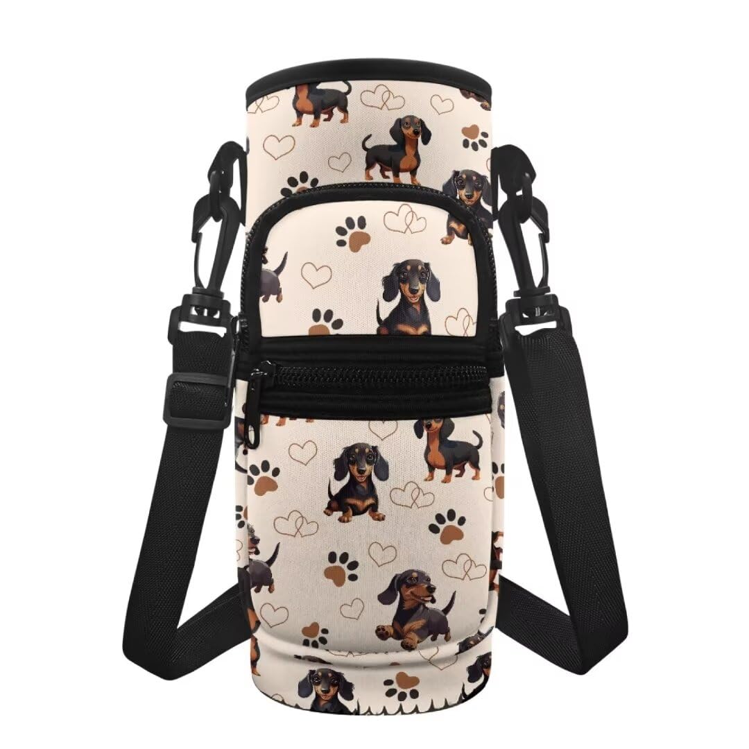 Jeiento Bonita bolsa bandolera para botella de agua de perro salchicha, con estampado de huellas de perro, para botellas de acero inoxidable, vidrio y plástico, deportes al aire libre