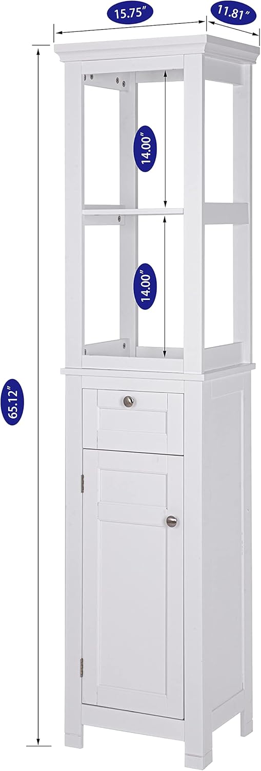 Spirich Bathroom Freestanding Storage Cabinet with Two Tier Open Shelves, Tall Slim Cabinet with Door and Drawer, Floor Linen Tower (White)