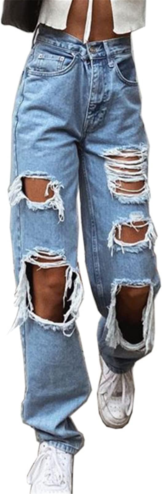 YuemengxuanWomen Baggy Ripped Jeans Ladies High Wasit Hollow Out Denim Pants Y2k Vintage Casual Loose Trousers Streetwear