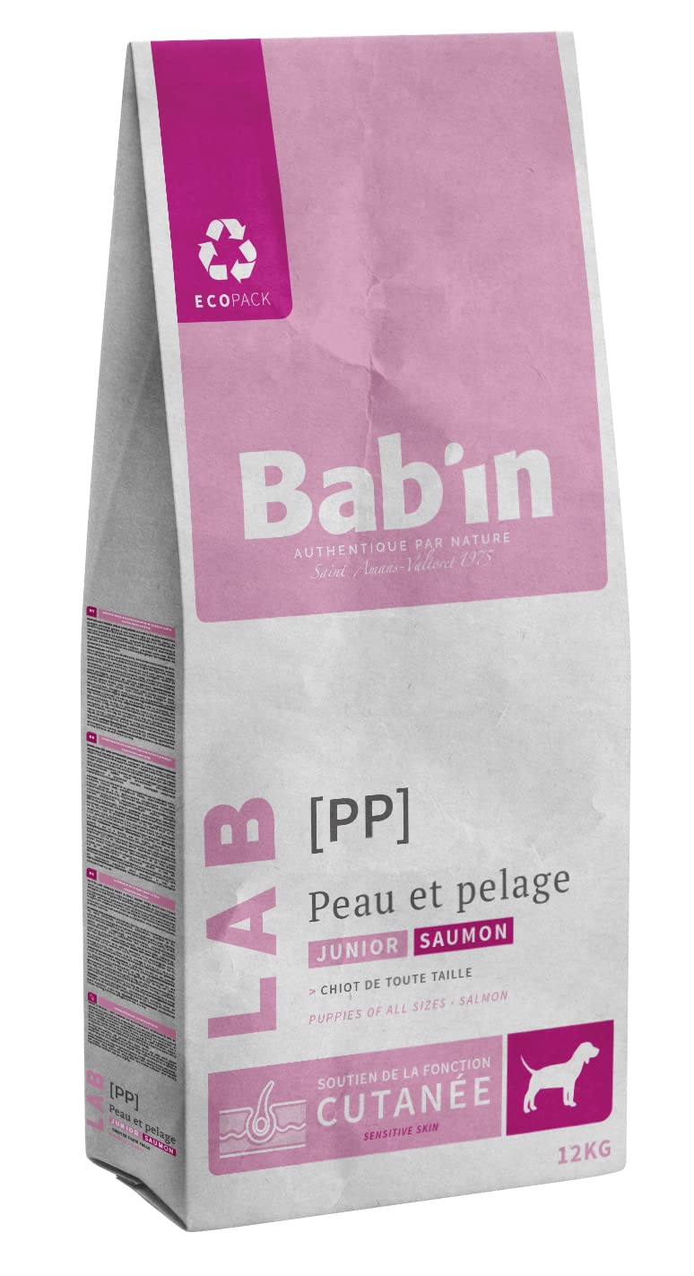 Babin Lab Junior Peau et Pelage 12KG - Croquettes pour Chiots de Toutes Tailles et Races - Naturelles, Saines et Équilibrées - Adaptées aux Besoins Nutritionnels - Riche en Saumon