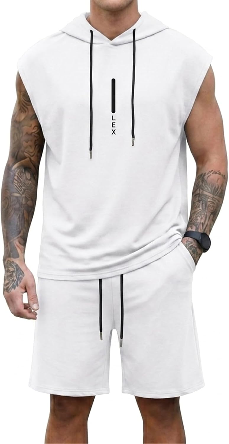 Lexiart Mens Short Sets Hoodie Sleeveless Workout Hooded Sports 2 Pieces Sweatsuit