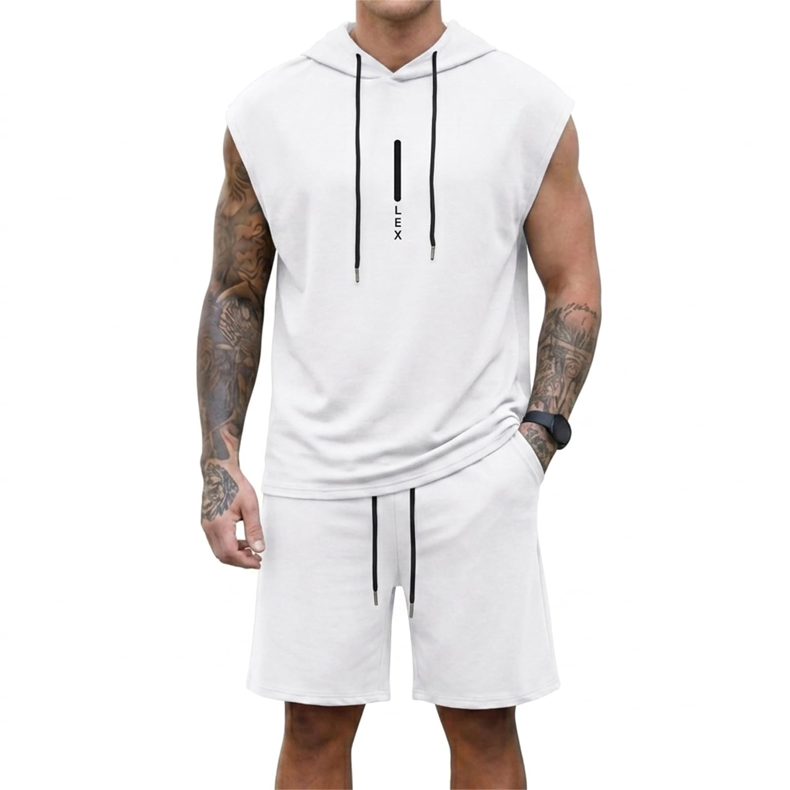 Lexiart Mens Short Sets Sleeveless Workout Hooded 2 Pieces Outfits