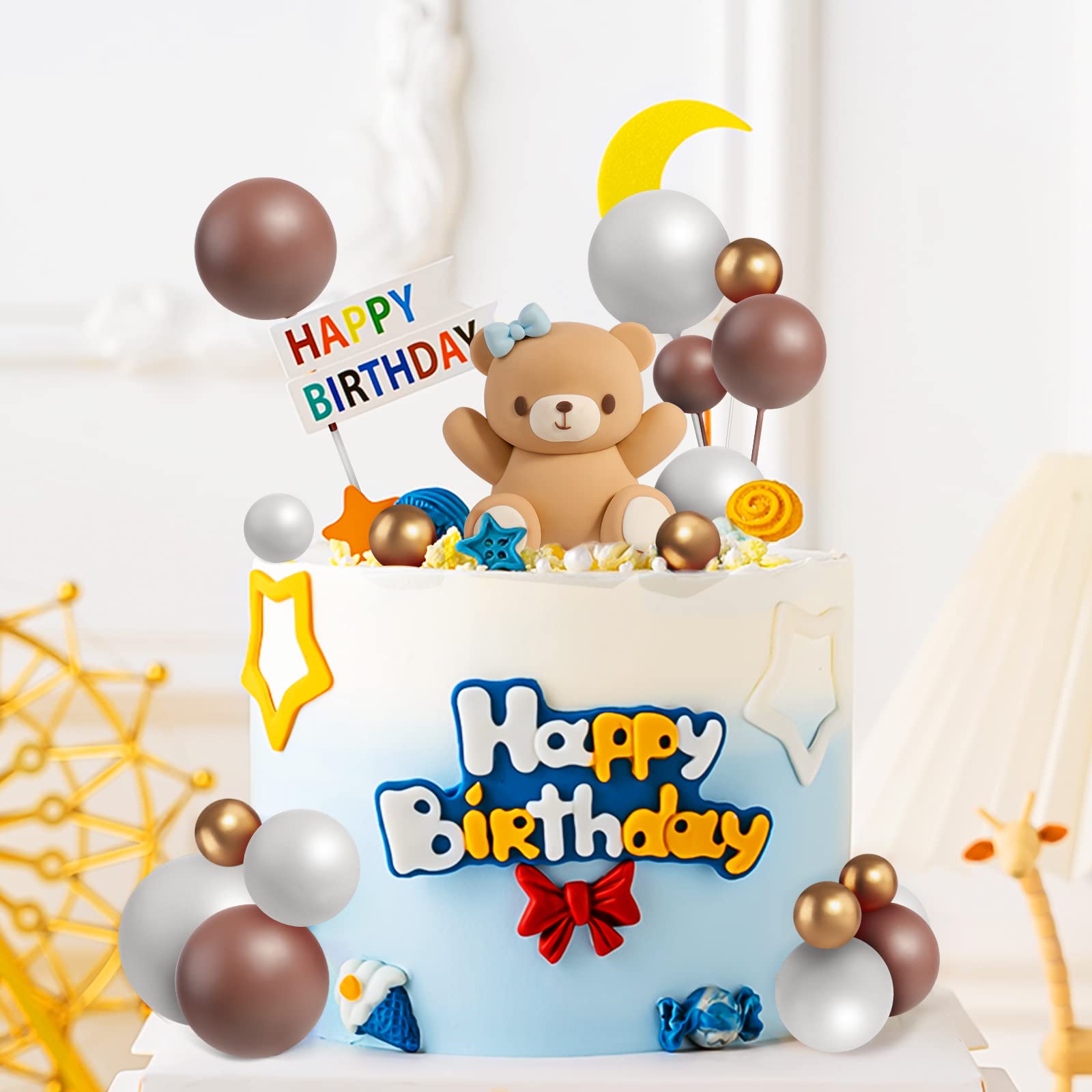 Bebester 3D Teddy Bear Cake Toppers Decorations, Brown Bear Cake Balls Decor for Boy Girl Baby Shower Birthday Wedding Party Decorations, 28PCS (Blue Bowknot Bear)