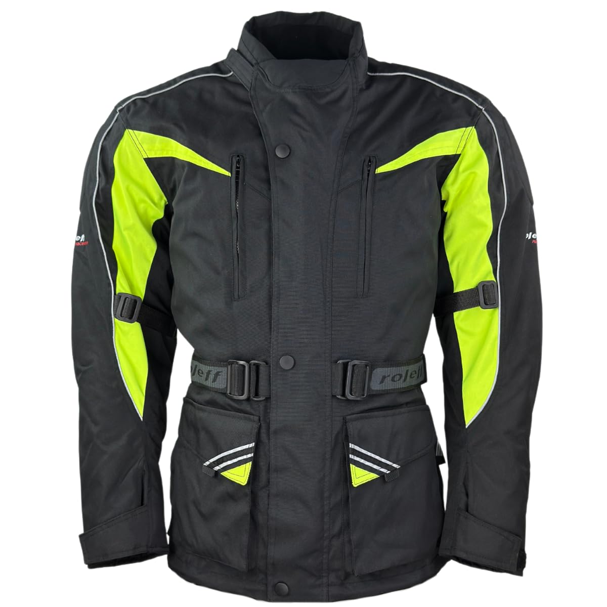 Roleff GIACCA MOTO RO10005 - NERO GIALLO NEON - IMPERMEABILE TRASPIRANTE PROTEZIONI DI SICUREZZA - TAGLIA S - 7XL - IDEALE PER TOURING E USO QUESTO, Nero/giallo fluo, 6XL