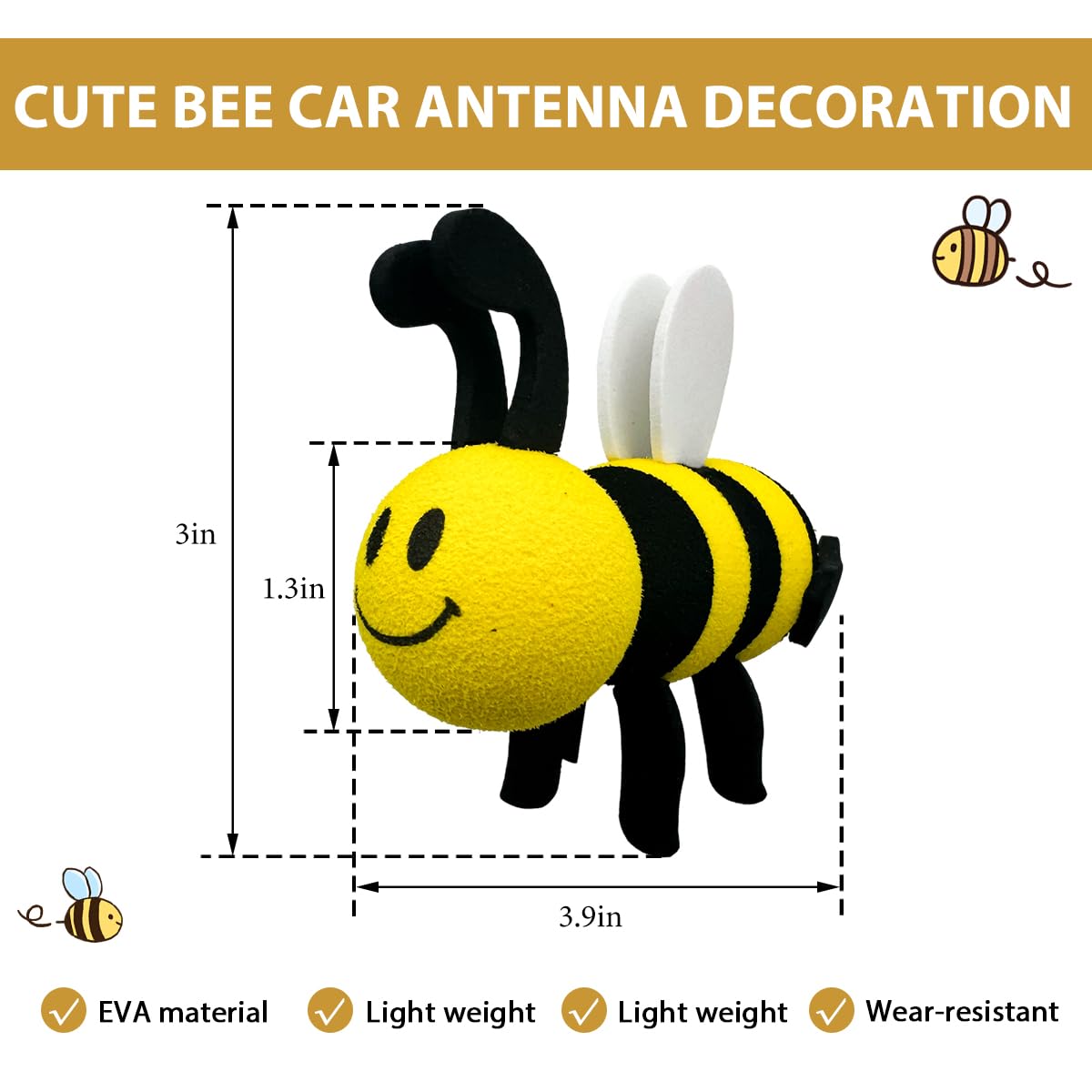 FSTURIOS Bee Car Antenna Topper, Happy Smiley Bee Antenna Ball Funny Automotive Roof Decoration, Cute Bumble Bee Aerial Ball Toppers Lovely Auto Accessory for Most Vehicles (White)