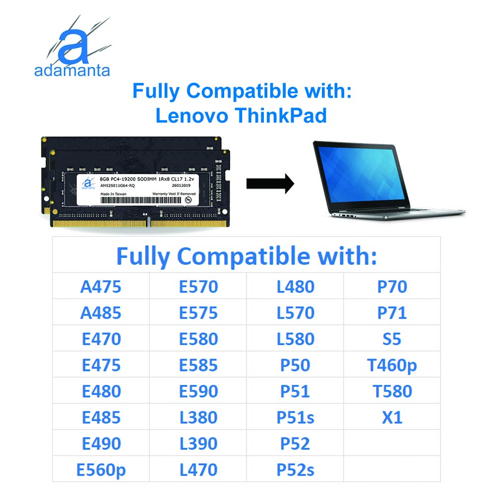 Adamanta 16 GB (2 x 8GB) RAM laptop per Lenovo ThinkPad P51, P71, T470P con 7th Gen Intel i5 & i7 processore DDR4 2400 MHz PC4 – 19200 SODIMM 2RX16 CL17 1.2 V da DRAM