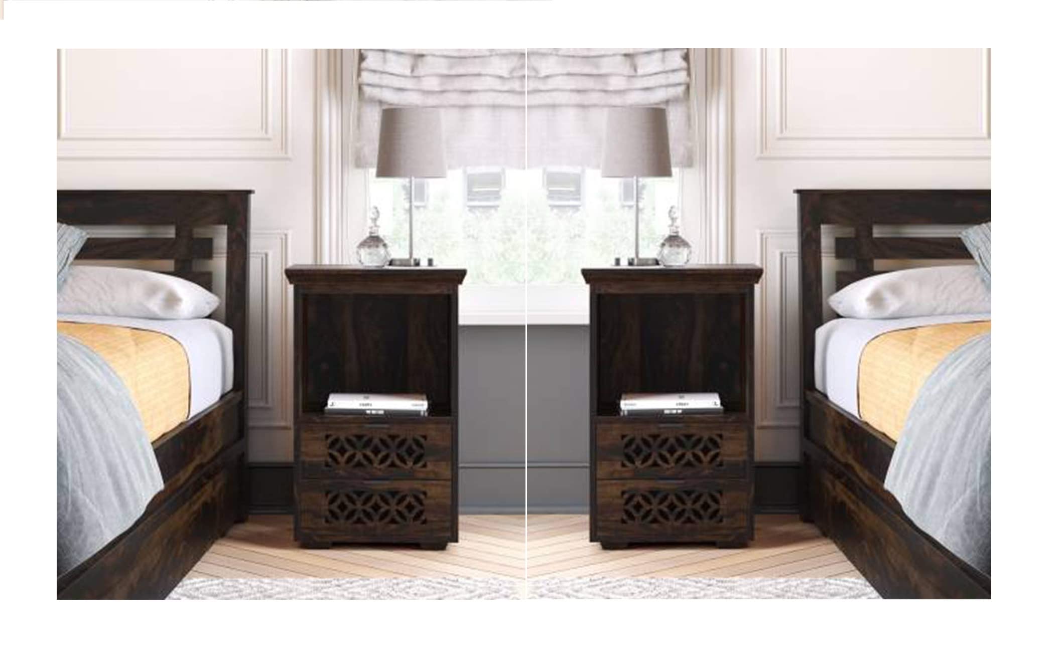 Vivek Wood Solid Sheesham Wood Bedside Table for Bedroom | Handmade Pure Wooden Bed Side Nightstand End Table with 2 Drawers & 1 Open Shelf Storage for Home & Bed Room | Warm Chestnut, Set of 2