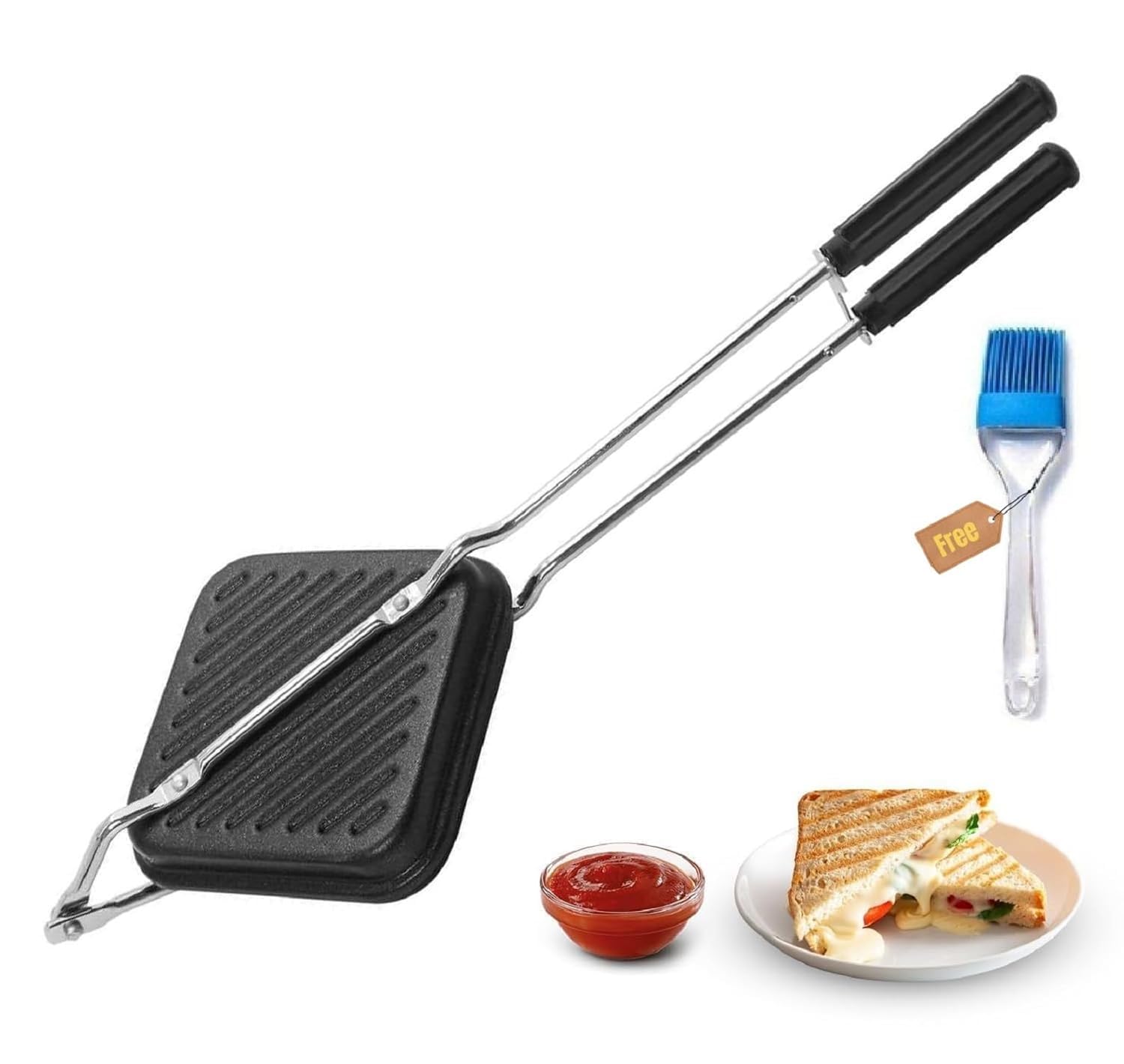 Non-Stick Grill Sandwich Toaster with Nylon Brush | Gas Stove Compatible, Easy to Clean, Ideal for Grilled Sandwiches, Paninis & Tikkas | Durable Aluminium Body (Black)-image-10
