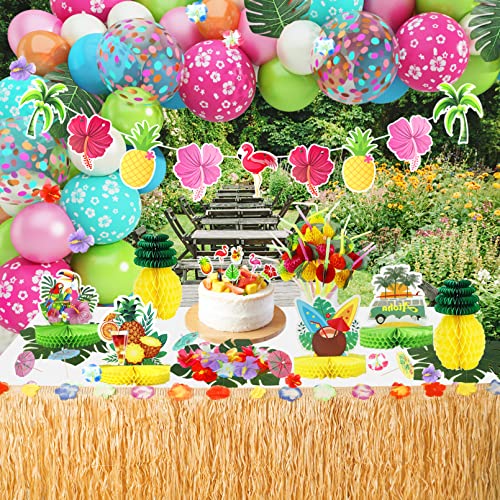 Hawaiian Luau Party Decorations, 126Pcs Tropical Aloha Summer Beach Birthday Supplies Balloon Garland Grass Table Skirt Honeycomb Centerpiece Flamingo Pineapple Hibiscus Palm Banner Straws Cake Topper #TOP6