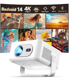 2025 Android 14 Smart Projector 4K & 8K Support, Portable Projector with WiFi 6 and Bluetooth 5.4, Auto Focus & Vertical Keystone, 180°Rotatable, Mini Proyector for Outdoor Home HY300Max - Amazon product rated Grade A