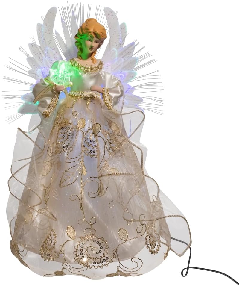 Kurt Adler Fiber Optic LED RGB Ivory & Gold Angel Treetop