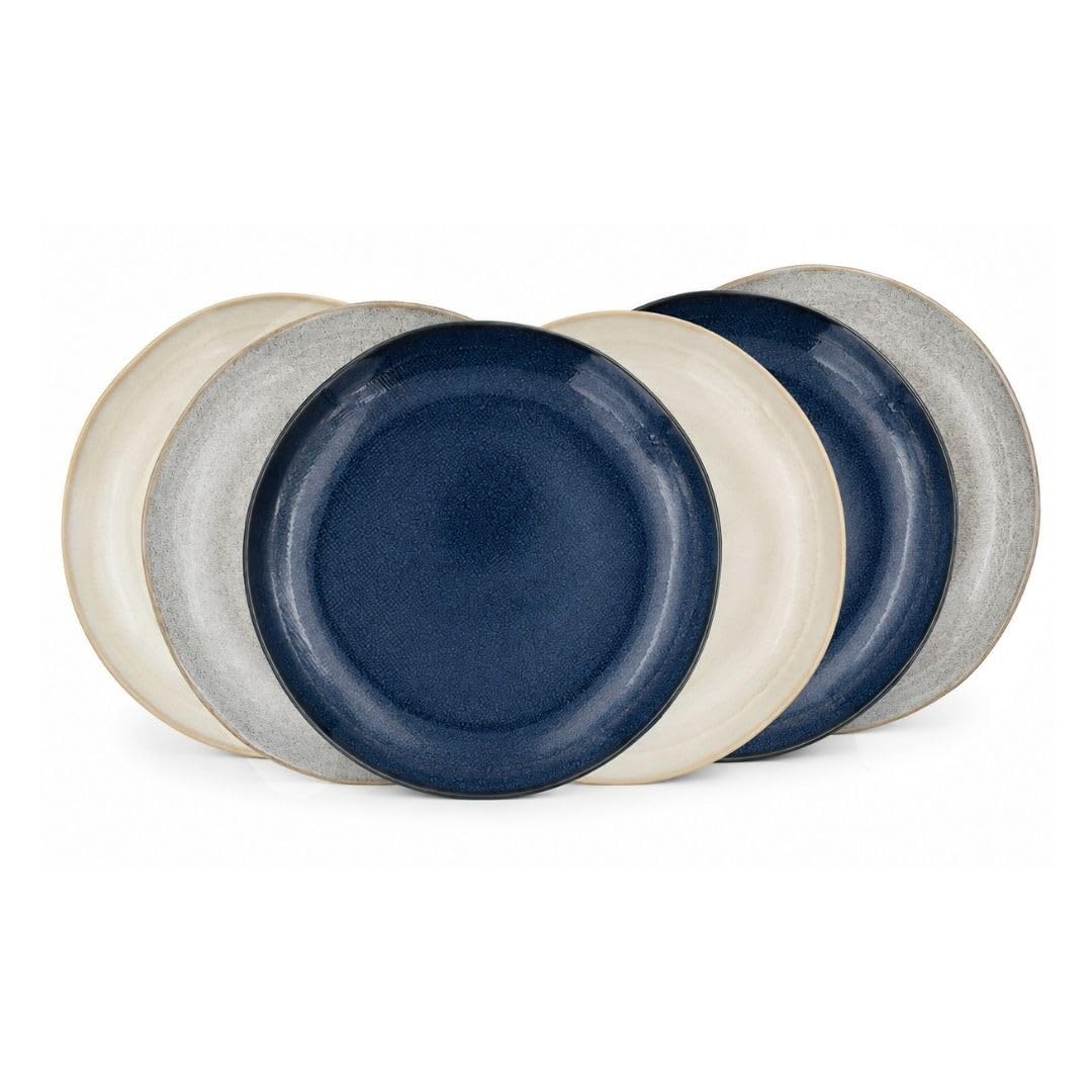 Ard'time Lot de 6 Grandes Assiettes en Céramique Ø26 cm, Bleu, Gris et Crème, Forme Ronde Élégante, Vaisselle Raffinée
