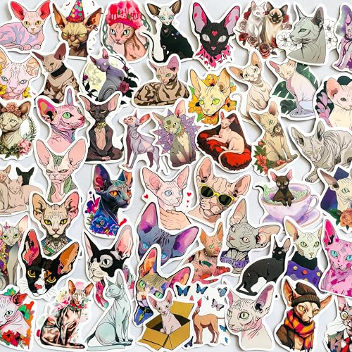 50Pcs Sphynx Cat Stickers Waterproof Cute Kitten Artistic Vinyl Decals for Laptops Water Bottles Journals Scrapbooking Cat Lovers Gifts