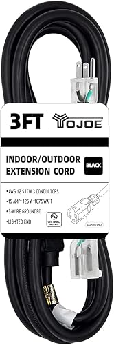 Cable de extensión negro de 3 pies, cable 123 iluminado para exteriores, cable de extensión SJTW de calibre 12 y 3 clavijas resistente con enchufe a