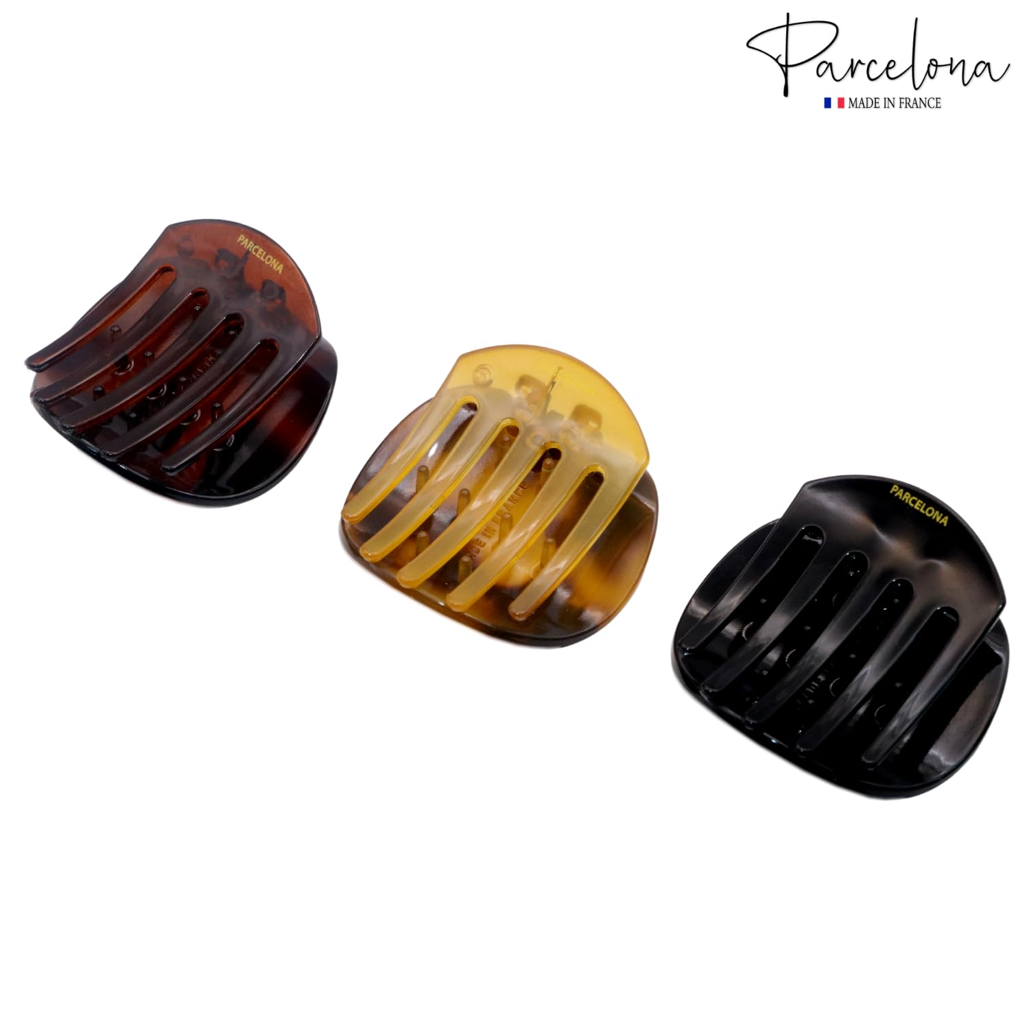 Parcelona French Onde Tortoise Shell Black and Savana Small 2” Celluloid Set of 3 Round Side Slide In Secure Grip Hair Claw for Women and Girls - Image 4