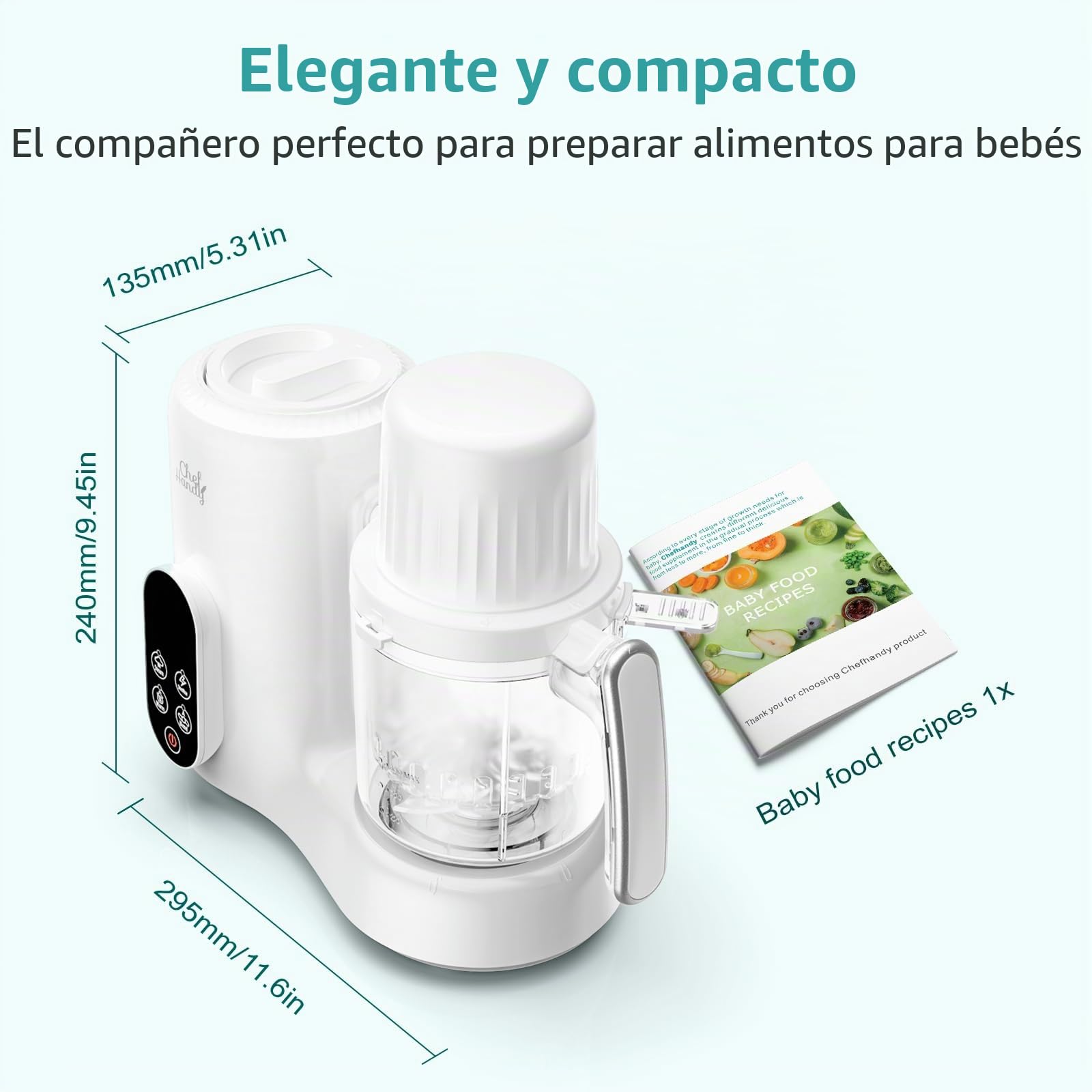 Chefhandy Pure Bebe Maquina 5 en 1 – Batidora para Pures de Bebé con Vaporera Doble, Procesador de Alimentos, Calienta Biberones, Cocción y Triturado Automático, Pantalla Táctil – Blanco