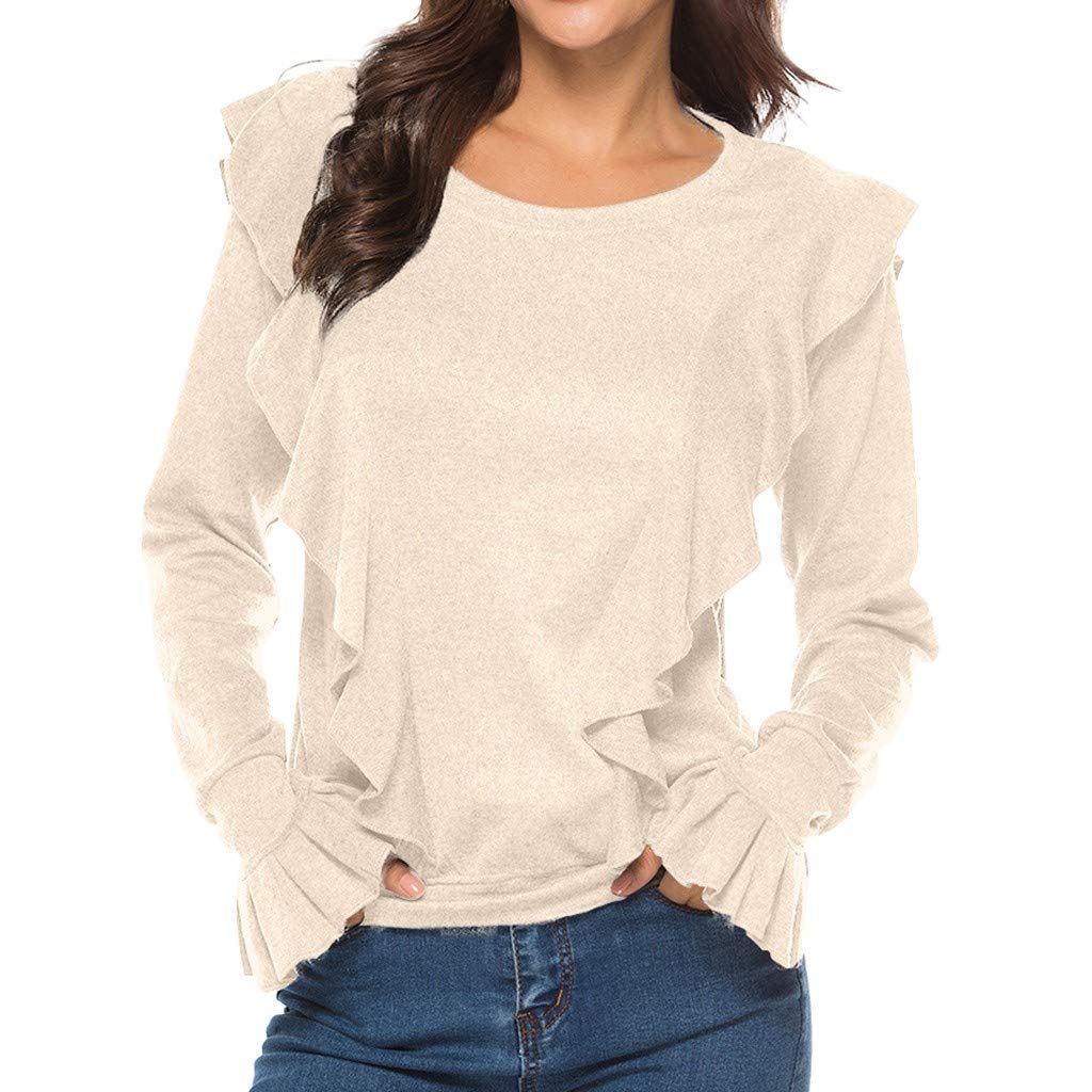 RUIVE Women’s Ruffle Sweatshirt Autumn Pleated Basic Shirt Casual Crew Neck Blouse Ladies Tunic Crop Tops Beige