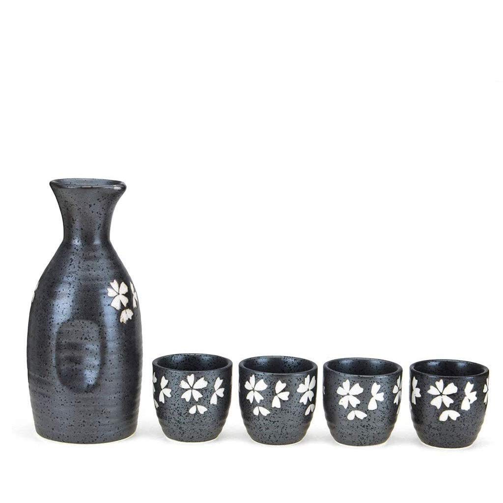 Ensemble de tasses à saké traditionnelles peintes à la main, 5 pièces de verres à vin en céramique noire avec motif de flocon de neige japonais peint à la main, pour froid/chaud/shochu/thé 8.8