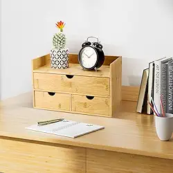 Organizador Multiuso de Utensilios/Maquiagem em Bambu 3 Gavetas, Porta Jóias e Armazenamento (Natural)