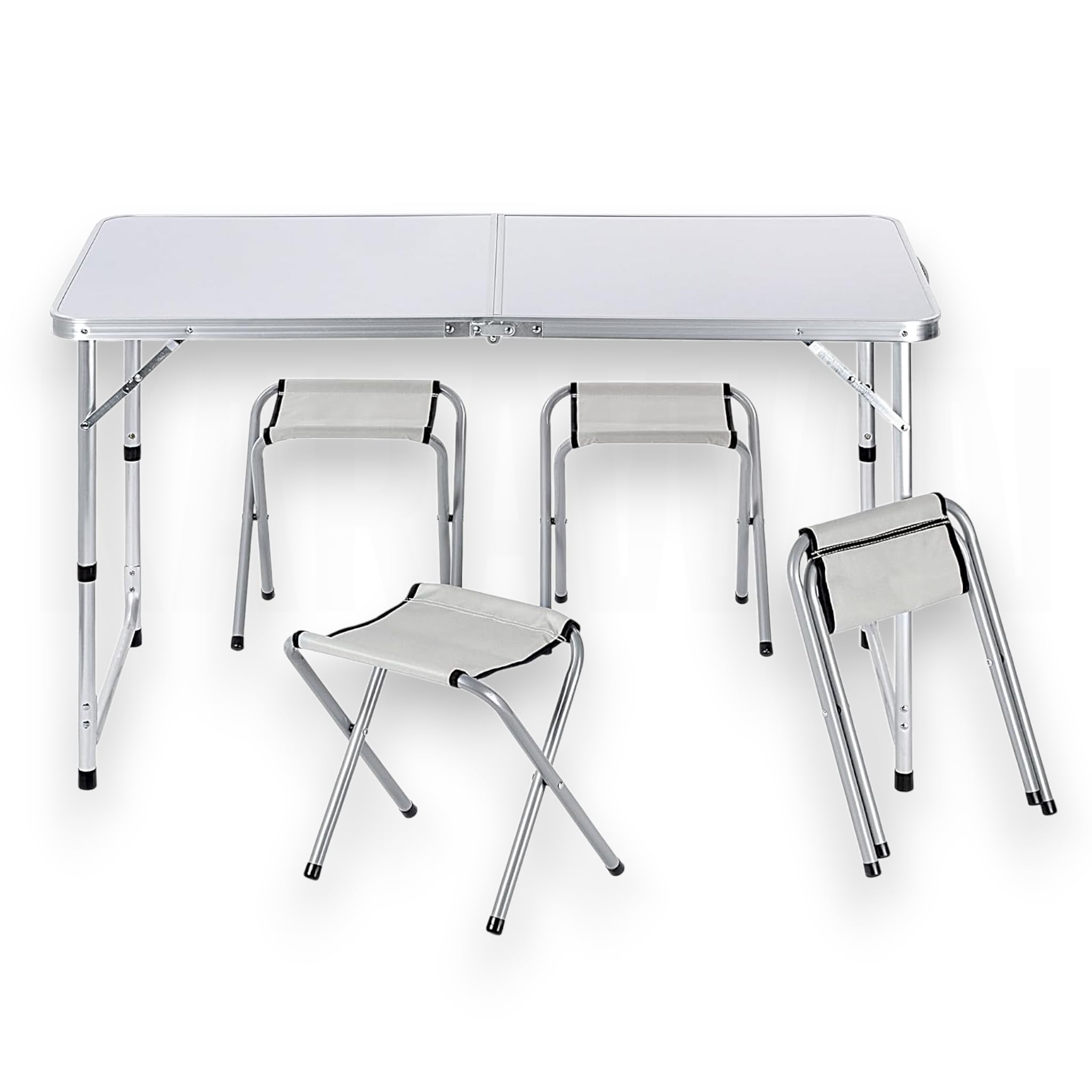Genérico Mesa Plegable con 4 Sillas de Camping, Aluminio, 120x60x70 cm, Portátil, Rectangular, Gris y Plateado, Resistente a la Corrosión