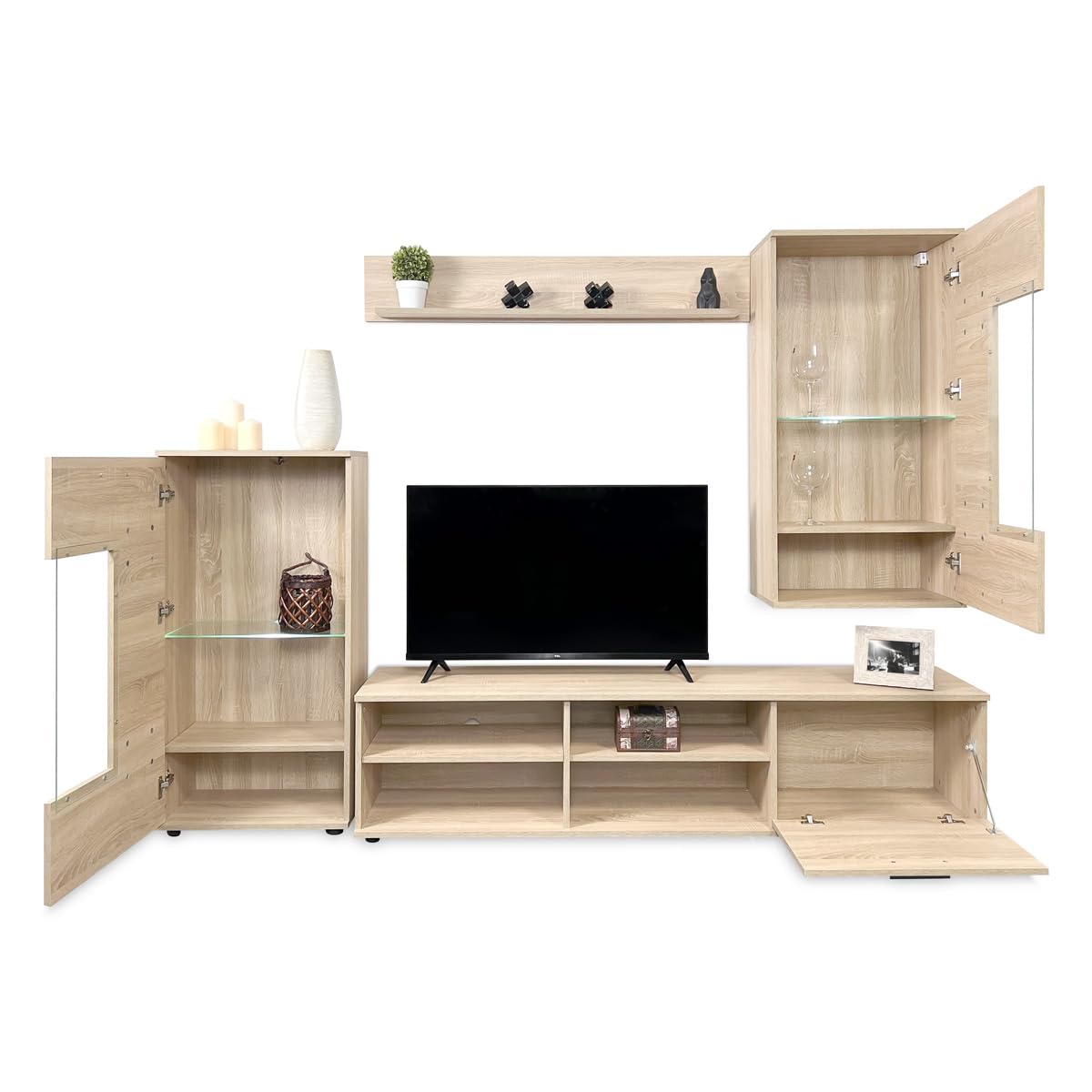 Homey - Mueble de Salón con Leds, Módulos de Comedor, Modelo Alemore, Acabado en Cambria, Medidas: 229 cm (Ancho) x 200 cm (Alto) 38 cm (Fondo)