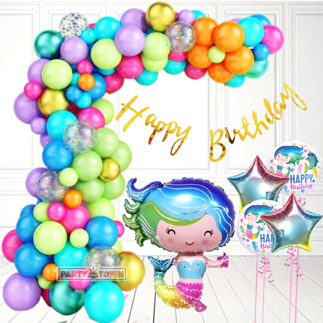 Party town Mermaid theme decoration combo for boys and girls theme birthday party with Pastel balloons | Mermaid foil balloons | Star foil | Balloon arc | Glue dots - (Pack of 56) (Mermaid)